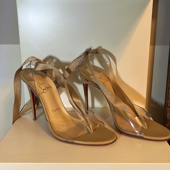Louboutin Marie Edwina 100 Nude stilettos ribbon ostrich feathers pvc naked  1 - Picture 6 of 14